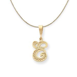 14k Yellow Gold, Maci, LG Filigree Script Initial E Necklace - 18 Inch